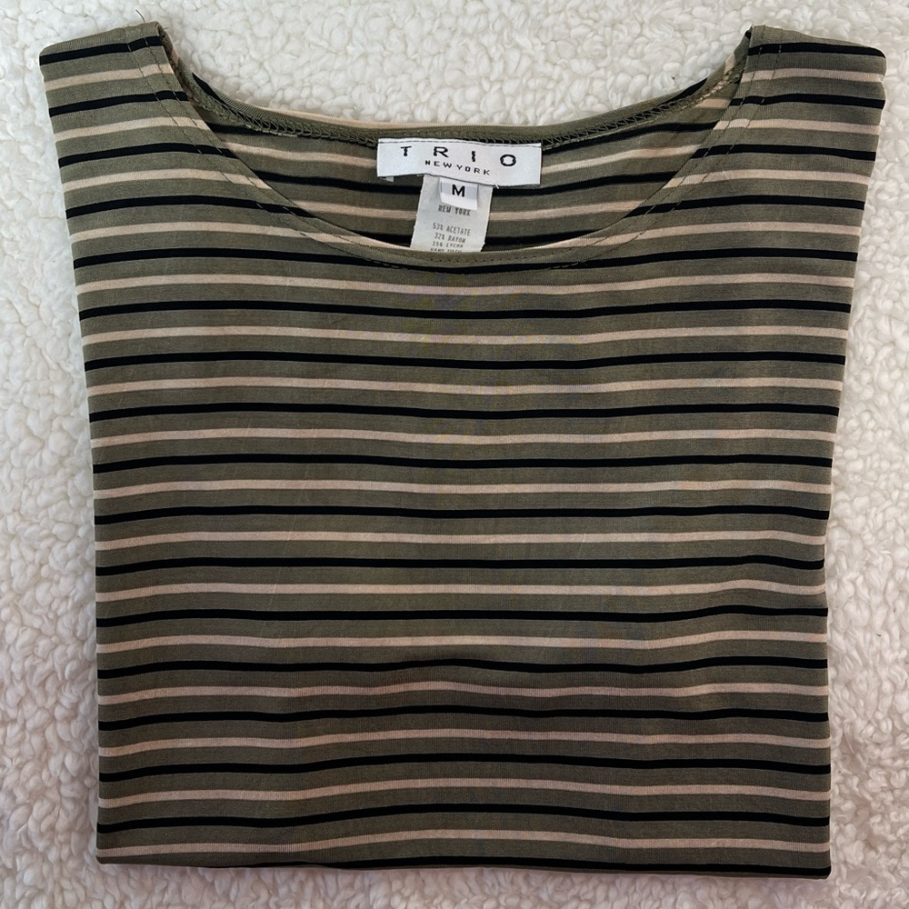 Trio New York Black Olive & Tan Horizontal Striped Scoop Neck Top Size: M